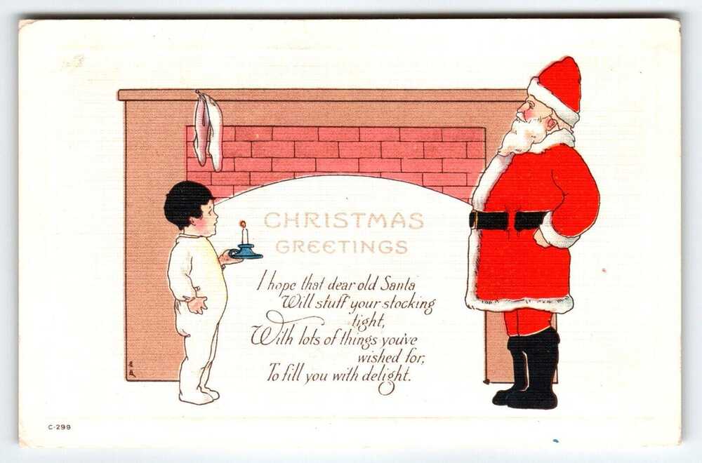 Santa Claus Christmas Postcard Child Hold Lit Candle By Fireplace Series C-299